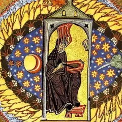 Vivid Hildegard of Bingen art depicts a woman in a dark robe, writing in a book, surrounded by celestial bodies and fiery sun rays.