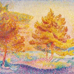 A sun-drenched landscape by pointillism artists, featuring golden trees and a figure resting beneath one, rendered in vibrant dots of color.