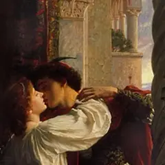 Romeo and Juliet share a passionate kiss on the balcony, bathed in the soft glow of sunset.