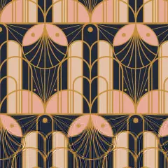 A repeating pattern of stylized fan shapes and arches in gold, pink, and navy blue, embodying the geometric elegance of art deco design.