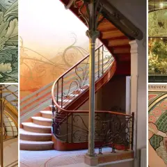 Collage of art nouveau style elements: floral wallpaper, a grand staircase with ornate metalwork, a glass conservatory, and a portrait of a woman.