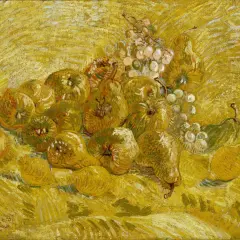 A still life of pears, apples, lemons, and grapes, rendered in vibrant yellow hues, showcasing the artist's mastery of famous yellow paintings.
