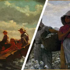 Two scenes of American realism art: boys in a boat under a cloudy sky, and a woman picking cotton.