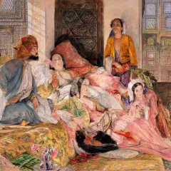 A history painting depicting a man in a turban and several women in opulent attire lounging on cushions, with a gazelle nearby.