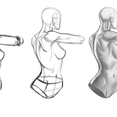 Three stages of figure drawing, from sketch to shaded study, showcasing the anatomy in art of the human form in motion.