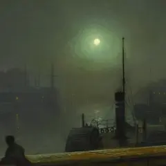 A solitary figure gazes at a moonlit harbor, a signature John Atkinson Grimshaw scene. Ships and gaslights shimmer on the water.
