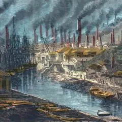 A dramatic industrial revolution painting depicts a bustling port with tall ships, factories, and smokestacks billowing dark clouds.