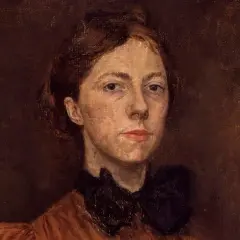 A portrait by Gwen John, featuring a woman with auburn hair pulled back, wearing a dark ruffled collar and an orange dress.