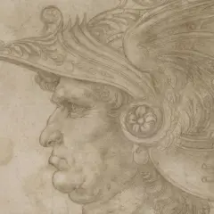 Profile of a man in a detailed helmet, rendered with delicate silver point lines. The drawing captures the warrior's stern expression and the ornate design of his headwear.