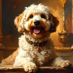 A fluffy dog with a jeweled collar, reminiscent of dogs in Renaissance paintings, sits regally amidst opulent gold decor.