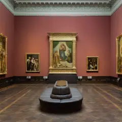 A museum gallery with the Raphael Sistine Madonna as the centerpiece, surrounded by other Renaissance paintings.