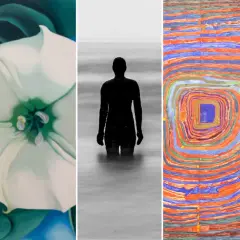 A collage of famous art: Frida Kahlo's portrait, a white flower, a silhouette in water, a colorful abstract, and Picasso's bull and horse.