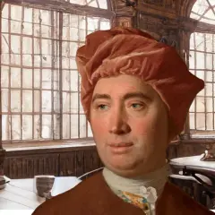 A David Hume portrait shows the philosopher in a red cap and brown coat, seated in a room with large windows and wooden tables.