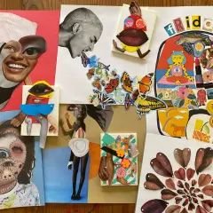 Surreal collage examples featuring fragmented faces, butterflies, and abstract elements.