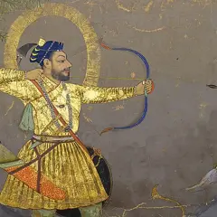 A Mughal miniature painting depicts a man in a golden robe aiming a bow and arrow at a tiger.