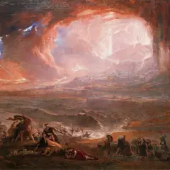 John Martin painter's dramatic vision of the Last Judgment, with a city engulfed in fiery clouds and a chaotic sea below.