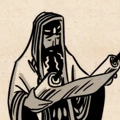Old Testament biblical art: a bearded man in a hooded robe unrolls a scroll, perhaps a prophet or scribe.