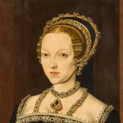 A regal Catherine Parr portrait, adorned with pearls and a jeweled headdress, gazes forward. Her attire speaks of Tudor elegance.
