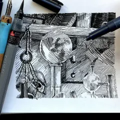 A hand uses a Tombow pen to add detail to a still life drawing, showcasing various pen and ink techniques like cross-hatching and parallel lines.