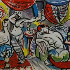 A vibrant, cubist-inspired scene depicting "Les femmes d'Alger" with figures in a richly decorated interior, possibly a harem.