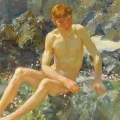 A young man with red hair sits on rocks by the sea, a characteristic subject in Henry Scott Tuke paintings, bathed in sunlight.
