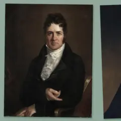 Three portraits in the style of Regency era paintings: a man with a horse, a man in a dark coat with a ruffled shirt, and a man in a dark military uniform.
