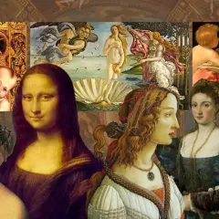 A collage of Renaissance paintings showcasing idealized women, reflecting renaissance beauty standards. Mona Lisa, Venus, and mothers with children are featured.