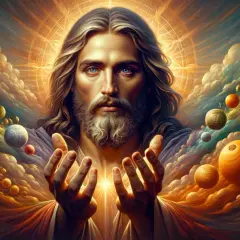 A radiant depiction of Jesus Christ, reminiscent of God the Father art, with outstretched hands amidst a celestial swirl of clouds and orbs.