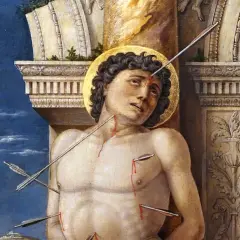 A saint sebastian painting depicts the martyr pierced by arrows, with a golden halo and bloodied wounds against a dramatic sky.