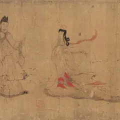A classic example of Chinese art, featuring two figures in flowing robes, rendered with delicate brushstrokes on aged parchment.
