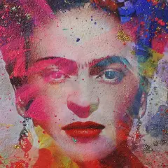 A vibrant, abstract portrait of Frida Kahlo, reminiscent of a Diego Rivera self-portrait, with bold colors and glitter.