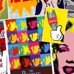A collage of iconic pop art symbols: Marilyn Monroe, Campbell's soup can, The Beatles, and a Coca-Cola bottle.