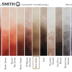 Swatches of Daniel Smith watercolors. The "Raw Umber" swatch shows a warm, earthy brown, a color that is umber.