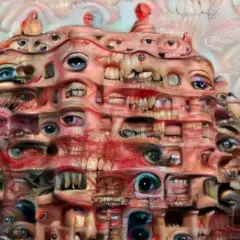 A surreal, nightmarish landscape of eyes and mouths, rendered in unsettling horror art styles.