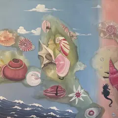 A surreal seascape with shells, seahorses, and human legs emerging from shells, reminiscent of female surrealist painters' dreamlike visions.