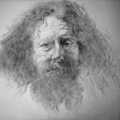 A detailed silver drawing captures the weathered face and wild, flowing hair of an old man, his eyes holding a story.