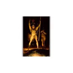 A powerful figure, perhaps Satan summoning his legions, stands with arms raised, holding a spear. Another figure stands behind him.