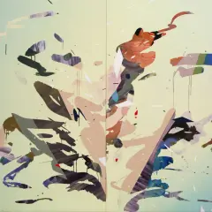 An abstract painting with bold brushstrokes in earthy tones and vibrant accents against a soft, gradient background.