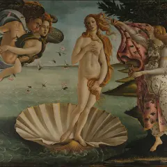 The Birth of Venus (Bouguereau) depicts Venus arriving on a seashell, guided by Zephyr and Hora.