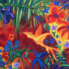 Vibrant jungle scene with a yellow bird in flight, painted by John Dyer artist. Lush foliage and colorful flowers fill the canvas.