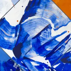 Vibrant abstract art examples featuring bold blue brushstrokes on white, with pops of orange and subtle pink accents.