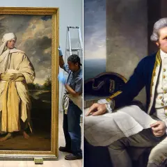 A portrait of Omai, a Tahitian prince, is shown being handled by museum staff. Beside it, a portrait of Captain Cook in naval uniform.