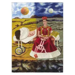 A surreal painting in Frida Kahlo style depicts a woman in a red dress seated next to a figure on a wheeled stretcher, symbolizing duality and resilience.
