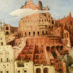 A detailed painting of the Tower of Babel, showing its immense scale and ongoing construction with many tiny figures working.