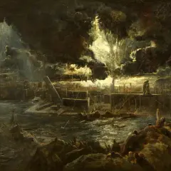 Dramatic, dark clouds loom over a chaotic scene of destruction and panic. This Pompeii art depicts a city in ruins, with people fleeing and boats capsizing in the turbulent waters.