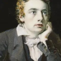A thoughtful John Keats portrait, his hand resting on his cheek, with curly hair and a ruffled collar.