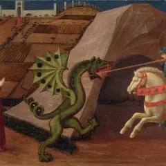 Uccello's St. George and the Dragon: A knight on a white horse charges a green dragon, while a princess in a red gown prays.