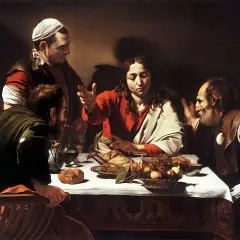 Caravaggio's Supper at Emmaus: Jesus blesses a meal with disciples, one gesturing in surprise.