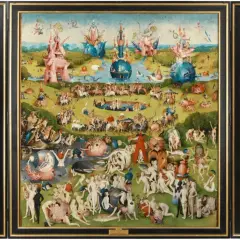 A triptych depicting a surreal landscape with fantastical creatures and human figures, showcasing the power of visual literacy in art to convey complex narratives and moral lessons.