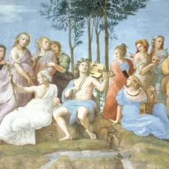 A gathering of ancient Greek muses, some playing instruments like a lyre and violin, others holding masks and staffs, under a canopy of trees.